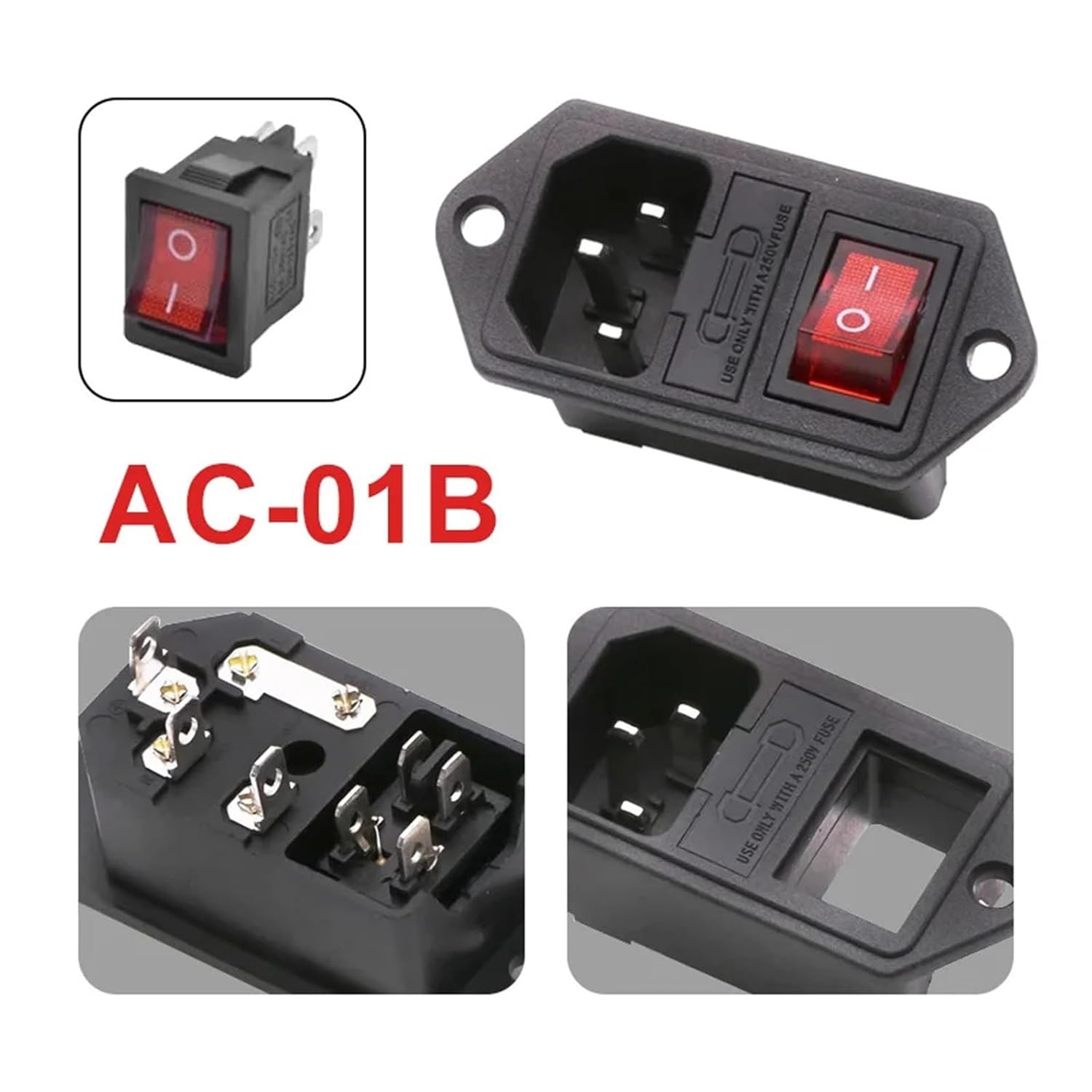 AC-01B 3 Pin 10A Fuse Socket Connector Red LED 250V Rocker Switch Socket Mount IEC320 C14(20PCS)