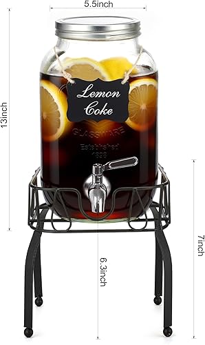 Miniatura 7 de Dispensadores de bebidas de vidrio de 2 galones para fiestas, dispensador de bebidas con soporte, cilindro de hielo y grifo de acero inoxidable,