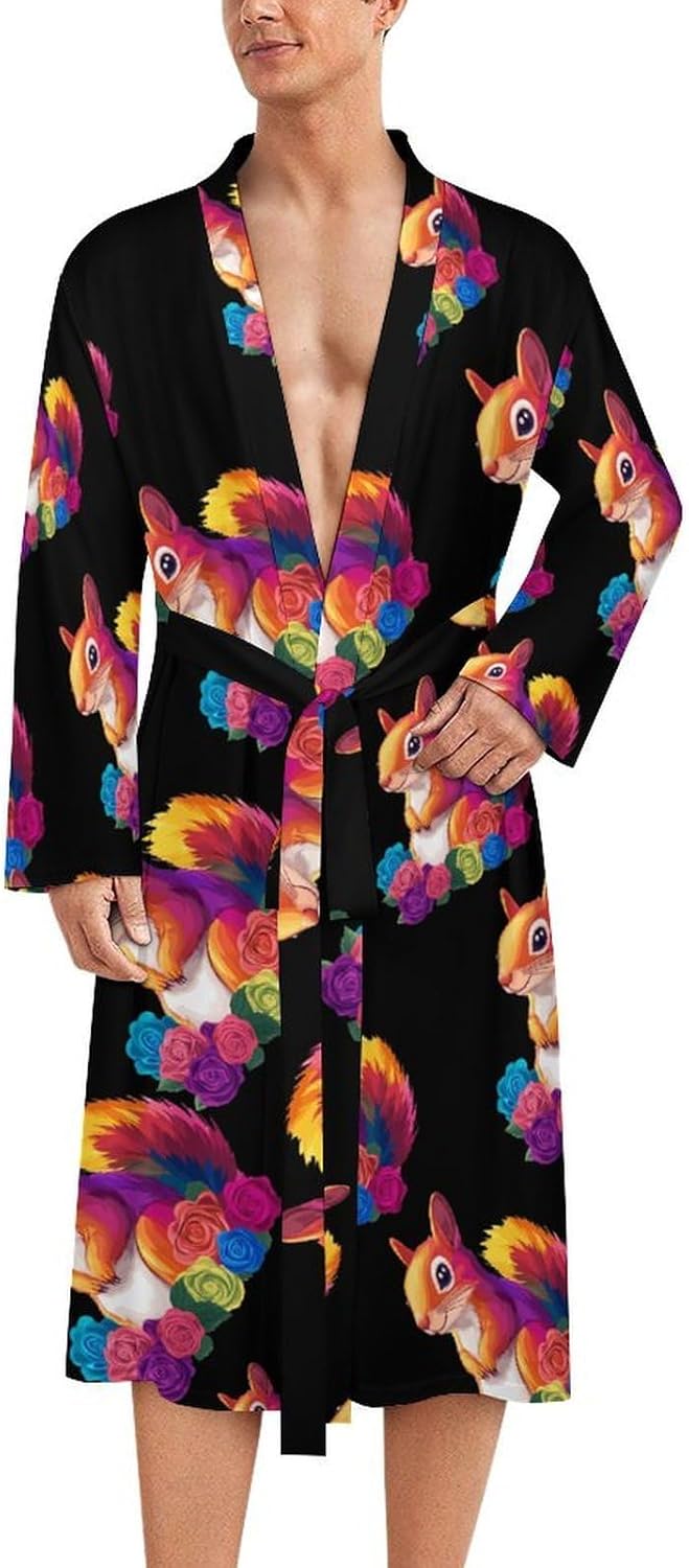 Animal Squirrel Flowers Men's Robe Soft Bathrobe V Neck Loungewear Sleepwear Nightgown Dressing Gown