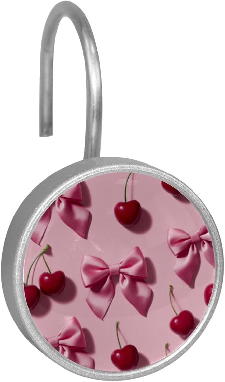 12PCS Pink Bows and Cherries on Pink Backgroun (3) Shower Curtain Hooks Metal Rust Resistant Decorative Shower Curtain Hooks Bathroom Decorations