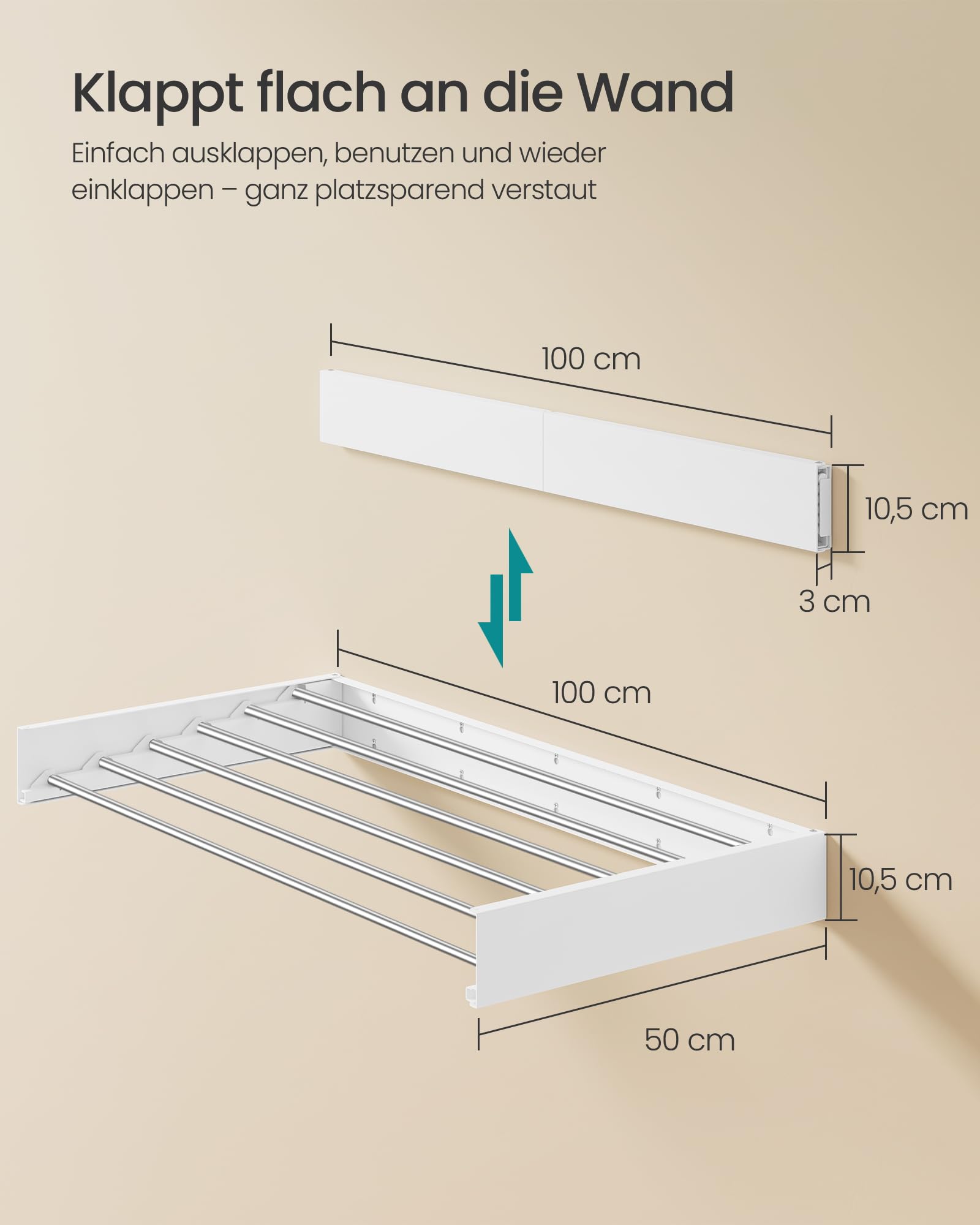 SONGMICS Wäscheständer Wandmontage, Wäschetrockner klappbar 6 Stangen, Wandwäschetrockner ausziehbar, Wandtrockner platzsparend, Bohrschablone, für innen, außen, 100 cm, mattweiß LLR810WE01