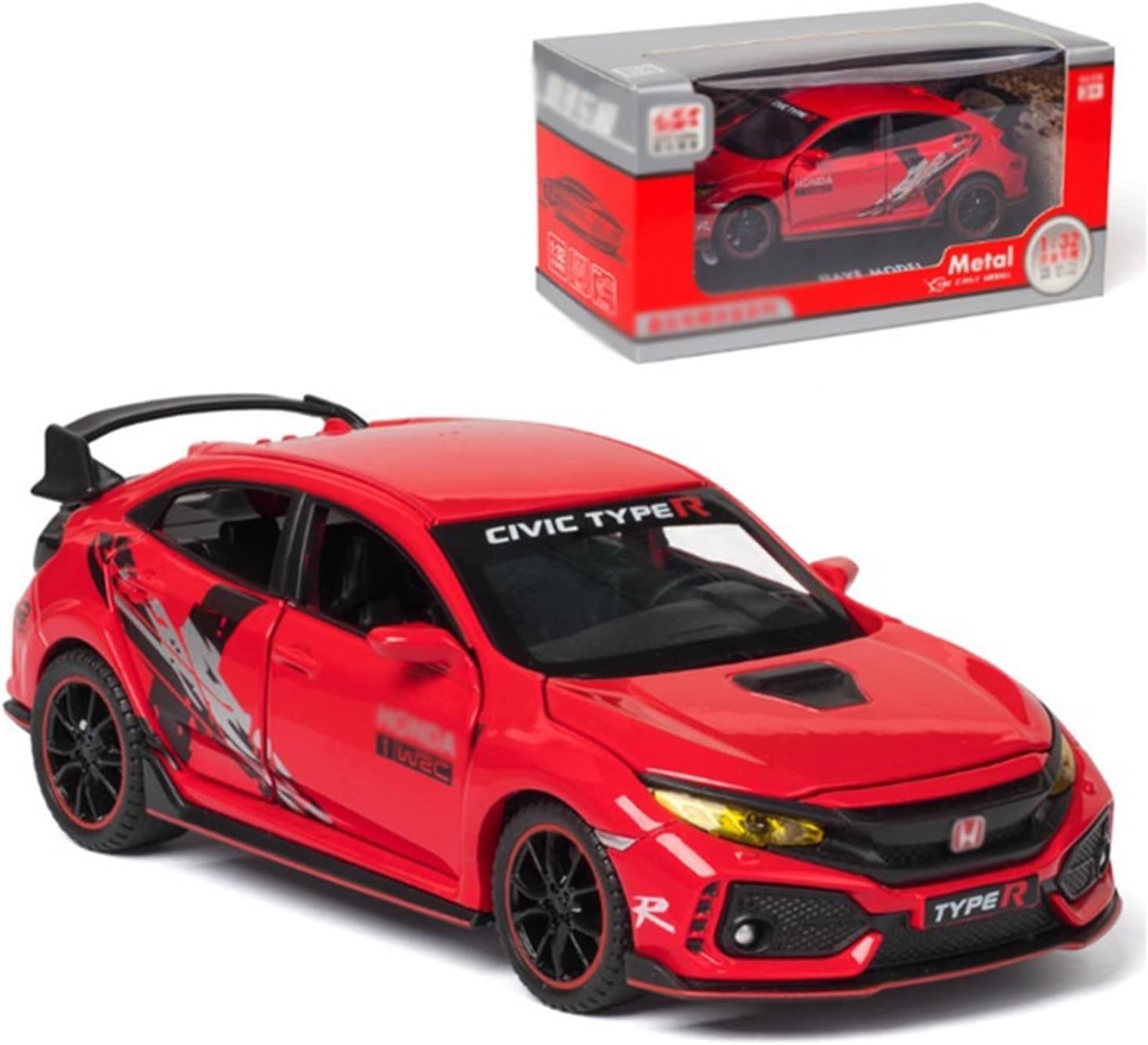 Die casting car model 1:32 For HONDA CIVIC TYPE-R Diecasts Vehicles Metal Car Model Sound Light Toys For Children Birthday Gift Christmas Gift Collection (Color : Red 2 With Box)