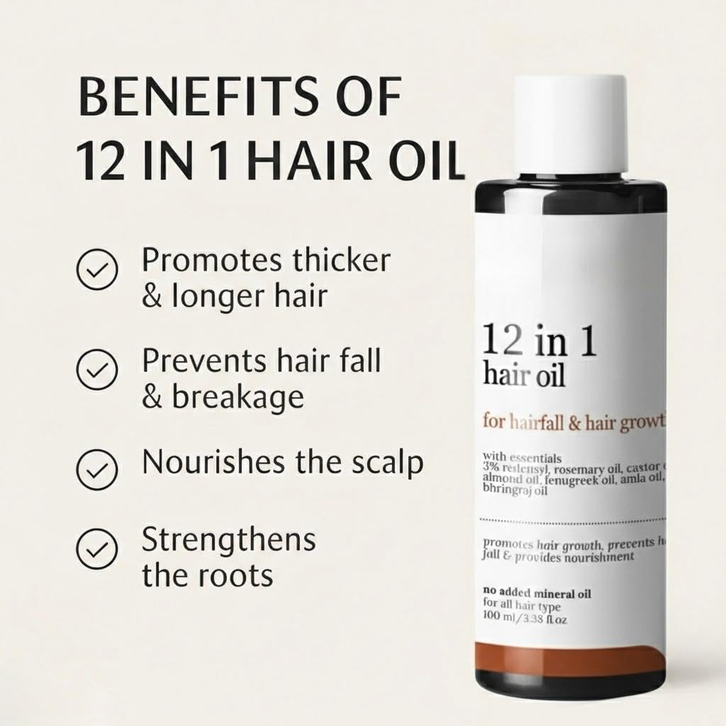 Herbal 12-in-1 Hair Oil | For Hair Growth, Hair Fall Control & Healthy Scalp | Redensyl, Rosemary, Castor, Amla, Coconut, Almond, Bhringraj | 100% Pure, Natural & Organic | For Men & Women | 100ml