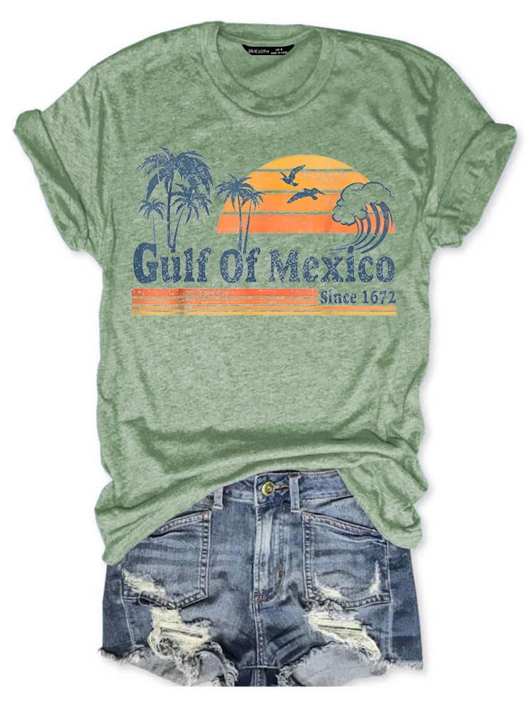 Woxlica Gulf of Mexico T Shirt Graphic Mexico Shirts for Women Retro Beach Tops