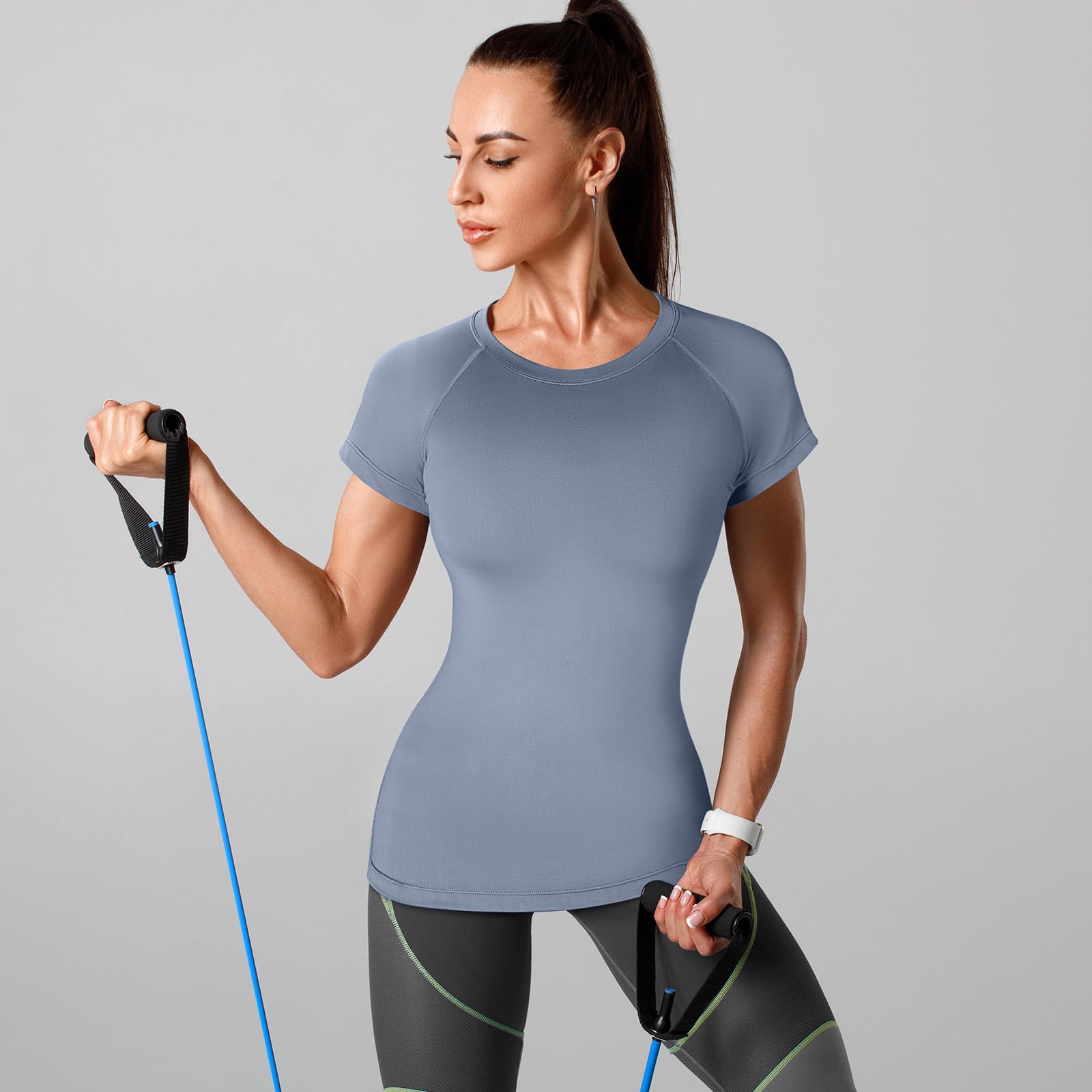 Coume 5er-Pack Kompressions-Shirts für Damen, kurzärmelig, Workout-Tops, Rundhalsausschnitt, athletische T-Shirts, Yoga, Laufen, enges T-Shirt