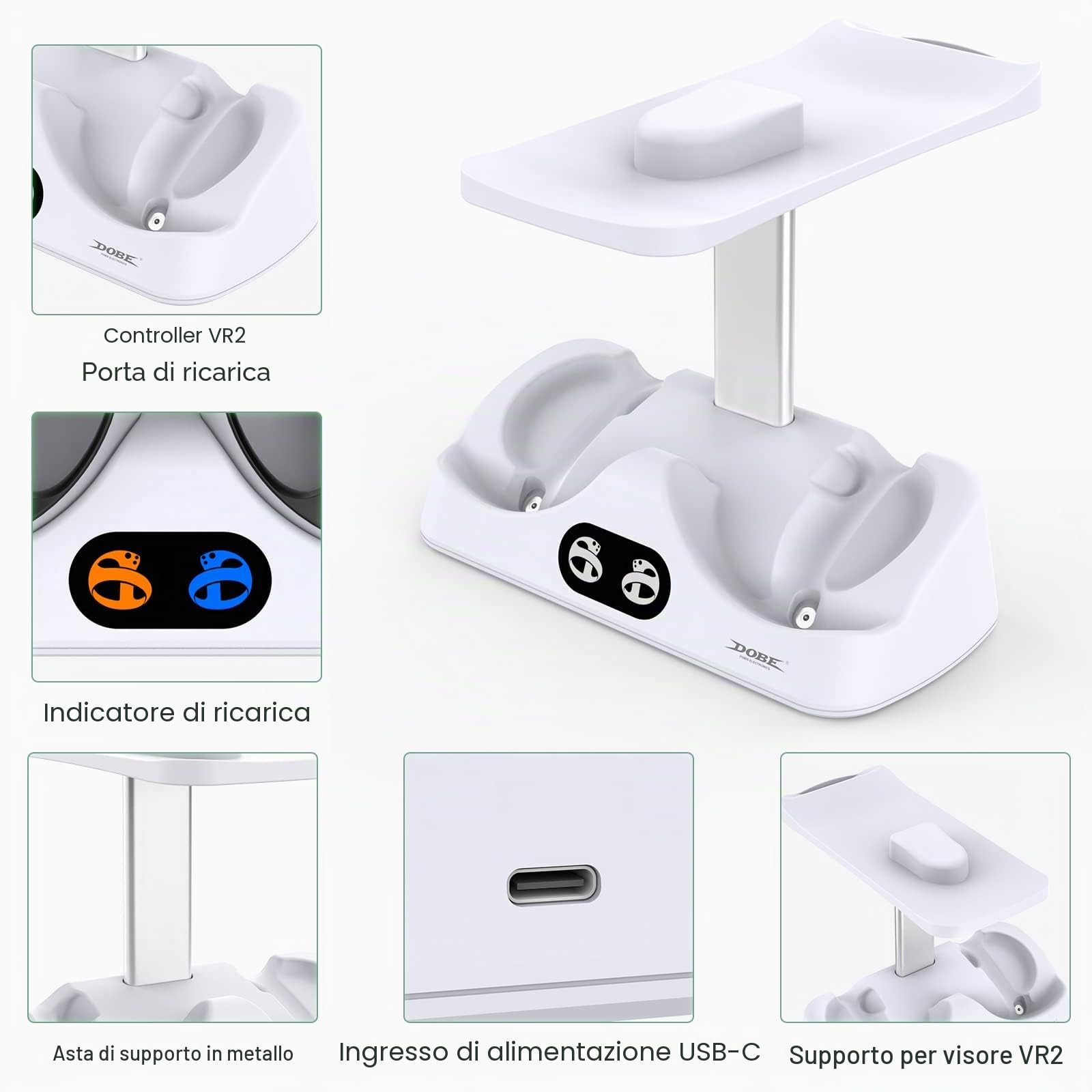 FASTSNAIL Doppio supporto di ricarica per PS VR2, stazione di ricarica controller per cuffie da gioco PSVR2 con porta USB-C magnetica, accessori da gioco per PS5