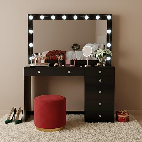 Boahaus Diana Modern Black Makeup Vanity Desk with Hollywood Mirror Lights, Power Outlet with USB Ports, 7 Drawers, Crystal Knobs, and Jewelry Divider for Bedroom