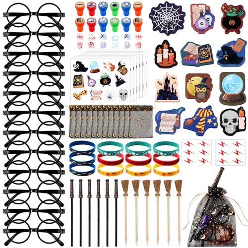 gisgfim 96Pcs Wizard Party Favors Bulk Birthday Decorations Gifts with Wand Pencils Mini Notebook Glasses Stamp Sticker Bracelet Gift Bag for Wizard Magical Goodie Bag Stuffer Prize Supplies