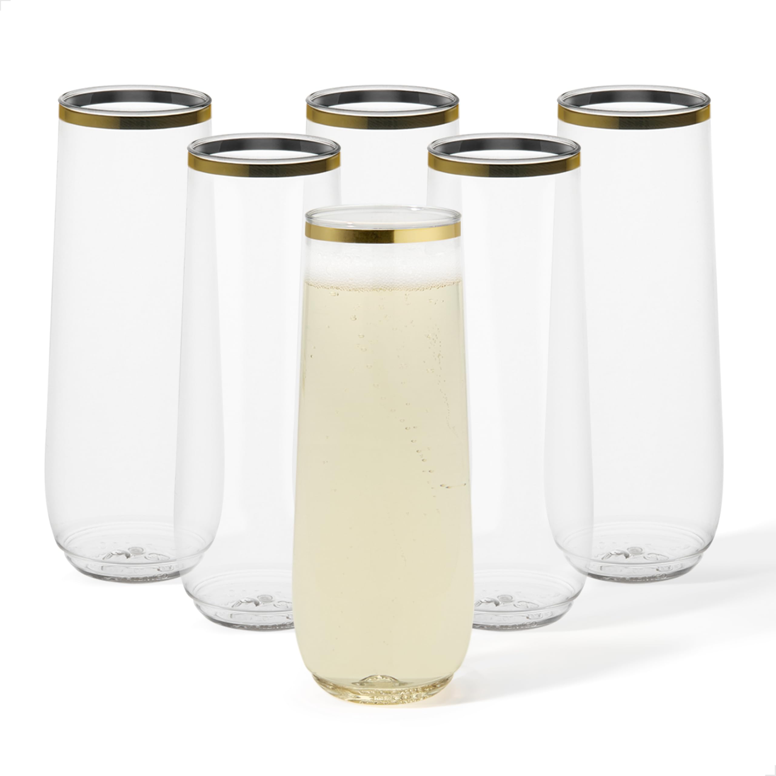 Tossware Transparent Pop 9Oz Stemless Gold Rim Champagne Flute Set Of 48, Premium Quality, Recyclable, Unbreakable & Crystal Clear Plastic Champagne Glasses