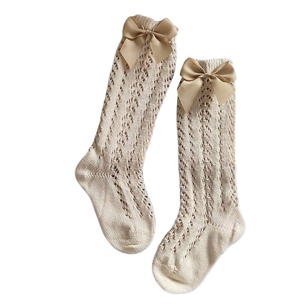 BULINGNA Baby Girl Knee High Socks Crotchet Hollow Out Tube Stockings with Bow for Infants and Toddlers (Khaki, 1-3 Years)