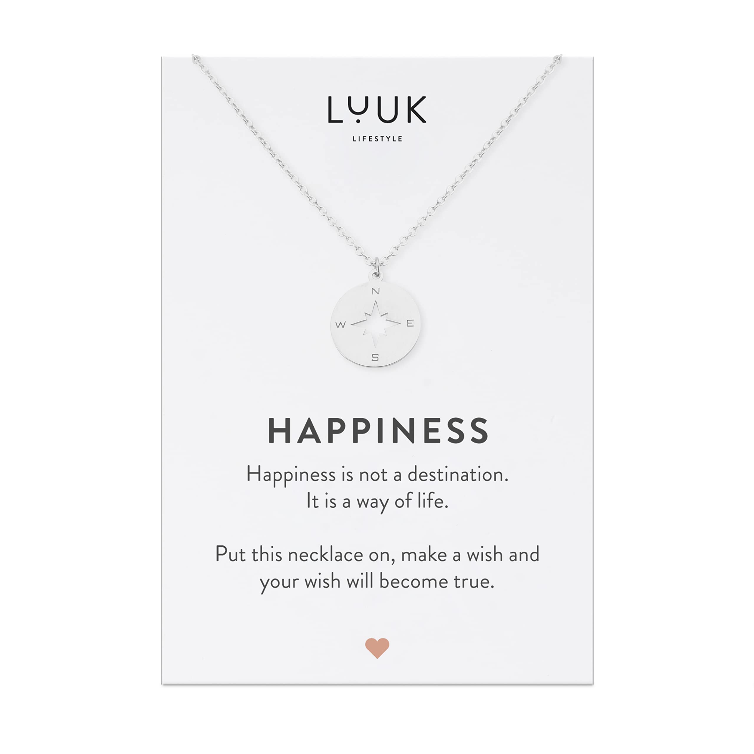 LUUK LIFESTYLE Collane con diverso Ciondolo (50 cm) in Acciaio Inossidabile e cartolina HAPPINESS, Regali per Lei, Donna, Ragazza, Moglie, Mamma, Amica, Gioielli, Argento, Oro e Oro rosa