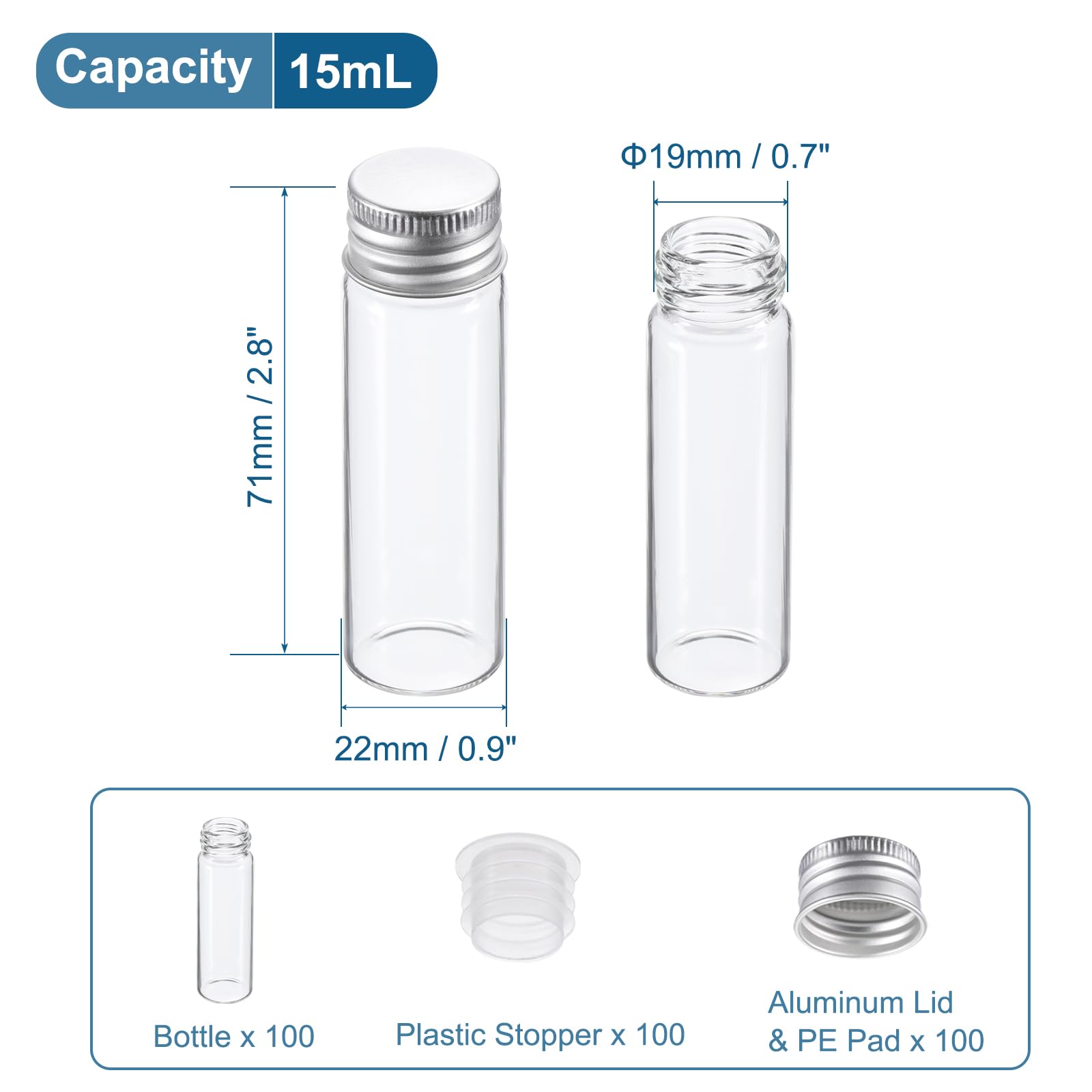 PATIKIL 15ml Frascos de Vidrio Transparente, Paquete de 100 Pequeños Frascos de Muestra de Líquido con Tapas de Rosca, Botellas a Prueba de Fugas, Tarros Vacíos