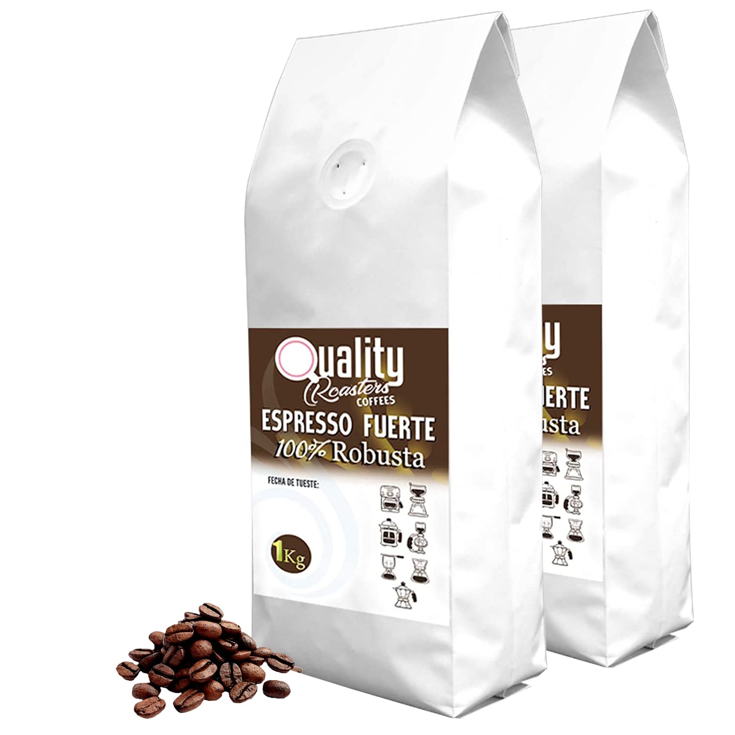 Café en grano natural "Espresso Fuerte". 100% Robusta. Tostado artesanal. Tueste Medio. (2 Kg)