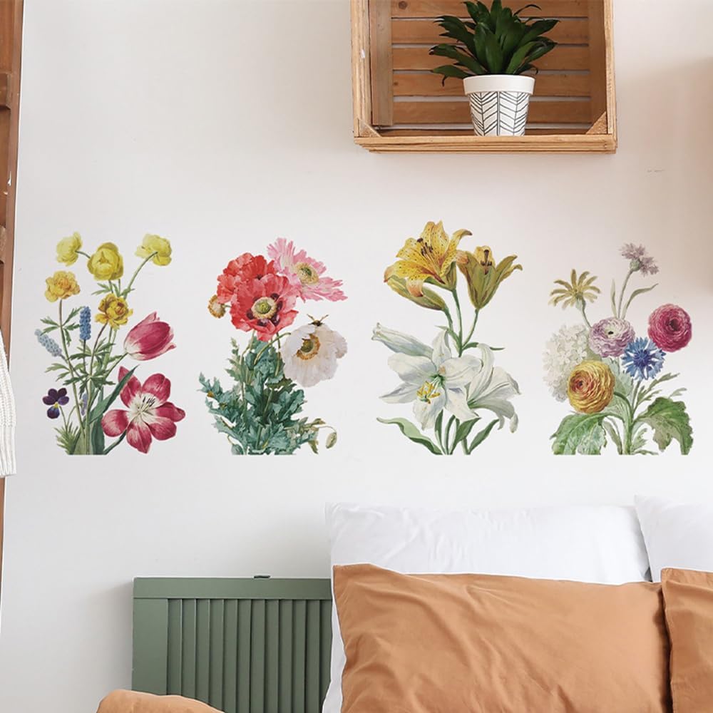 4Pcs/Set Flowers Decals Wall Stickers Waterproof Vinyl Murals