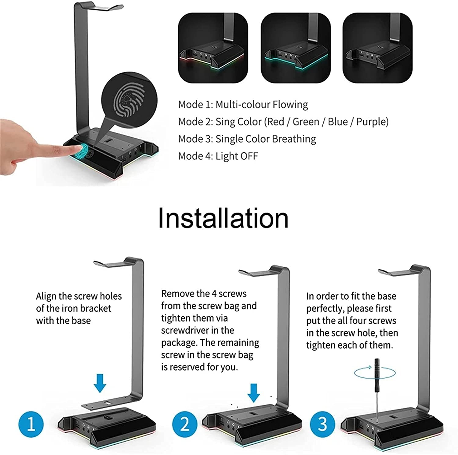 RGB Headphone Stand Gaming Headset Holder with 7.1 Surround/2 USB and 3.5mm Ports Sturdy Stable Compatible with All Standard Sized Headsets