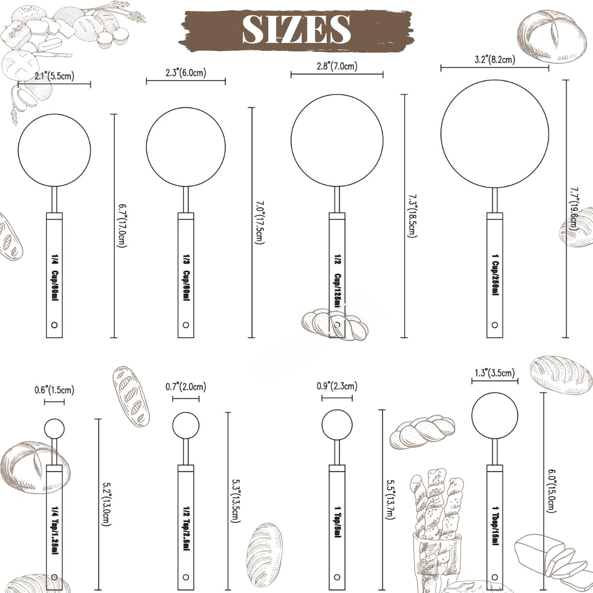 Messbecher und Löffel Set mit Holzgriff, 8 Stück Edelstahl Messlöffel und Becher mit US-Messungen zum Backen und Kochen Silber