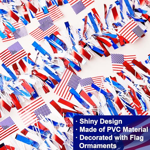 Image of 50FT 4th of July Patriotic Tinsel Garland Decorations, Red White and Blue Tinsel with Flag Metallic Glitter Hanging Garland for Memorial Day 4th of July Independence Day Indoor Outdoor Decor