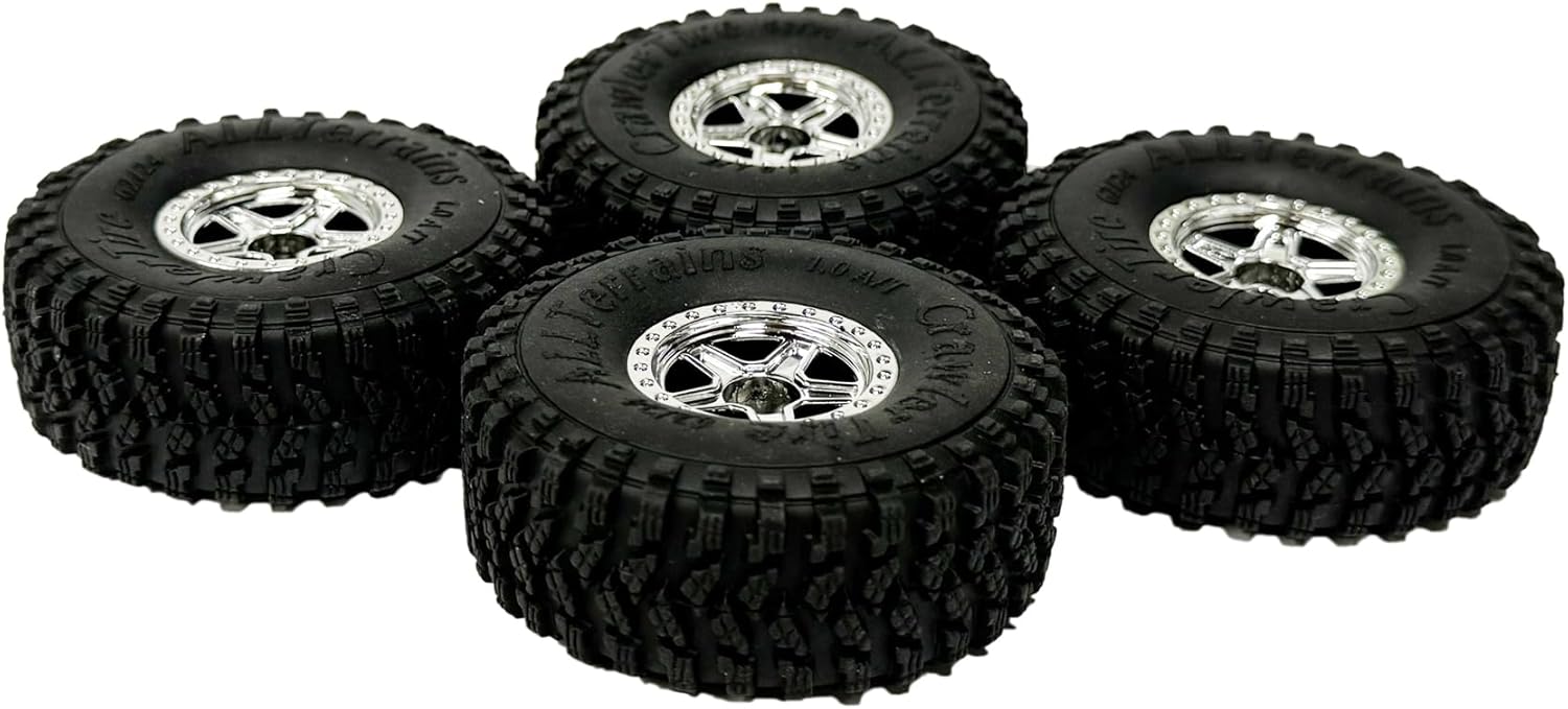 4PCS 1.0inch Wheel Tires and Plastic 5-Spokes Beadlock Wheel Rim Set for Axial AX24 SCX24 FCX24 TRX4M All 1/18 1/24 Scale RC Crawler Car Upgrade Parts Accessories (Silver)