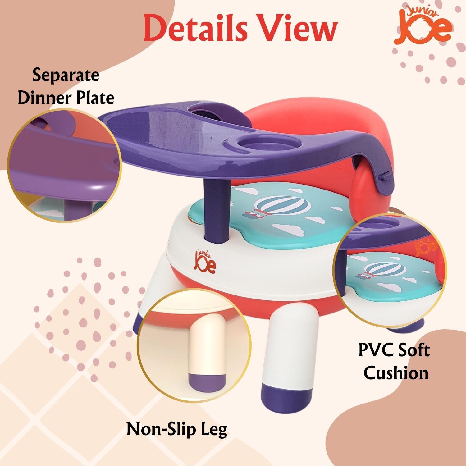 JUNIOR JOE 2 in 1 Feeding Chair & Booster Seat with Detachable Dining Food Tray and PU Cushion pad 4 Leg Dining Chair for Kids and Toddler (Red-1-2 Year Old) 1