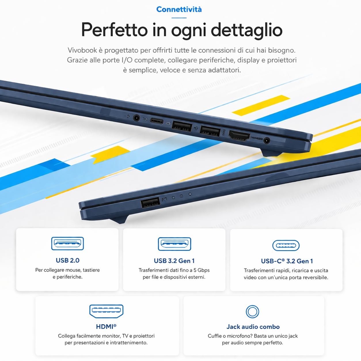 ASUS Notebok Vivobook, Intel Core 7 150u 10Core, DDR5 Ram 16Gb, SSD Pci Nvme da 1 Tb, WI-FI 6, Webcam, Usb3.2, Hdmi, Bt5.3, tastiera qwerty, Garanzia 3 anni, Blue Edition, Preconfigurato