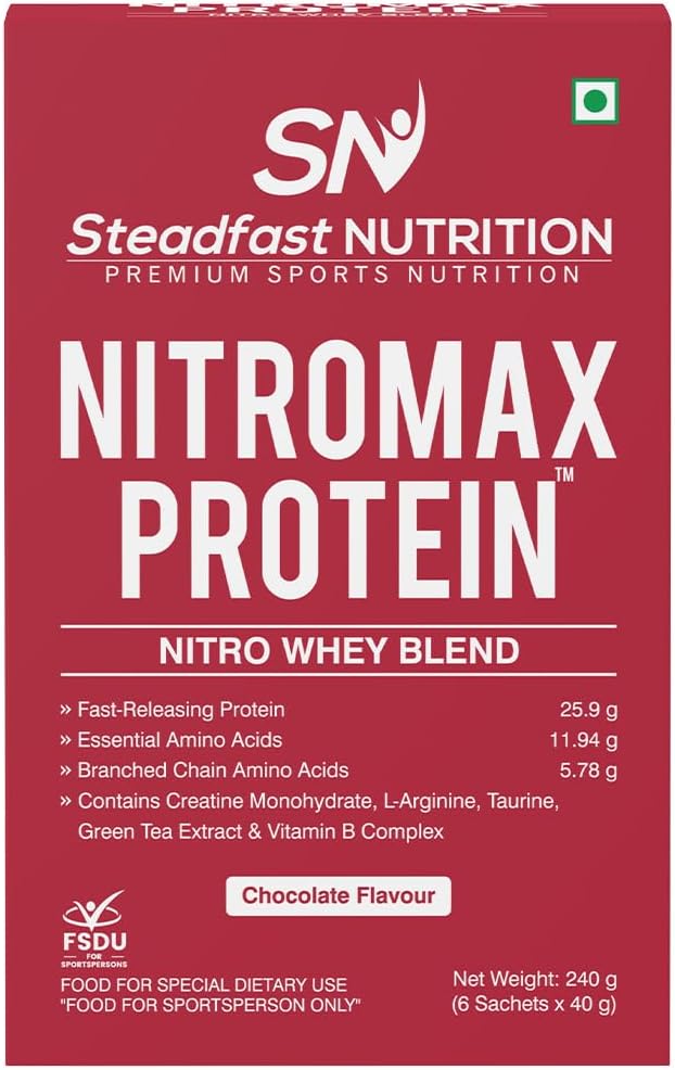 Steadfast Nutrition Nitromax Protein 25.9g Fast Releasing Protein Increases Muscle pump strength Lean Muscle (Chocolate, 6 Sachets, 240g)