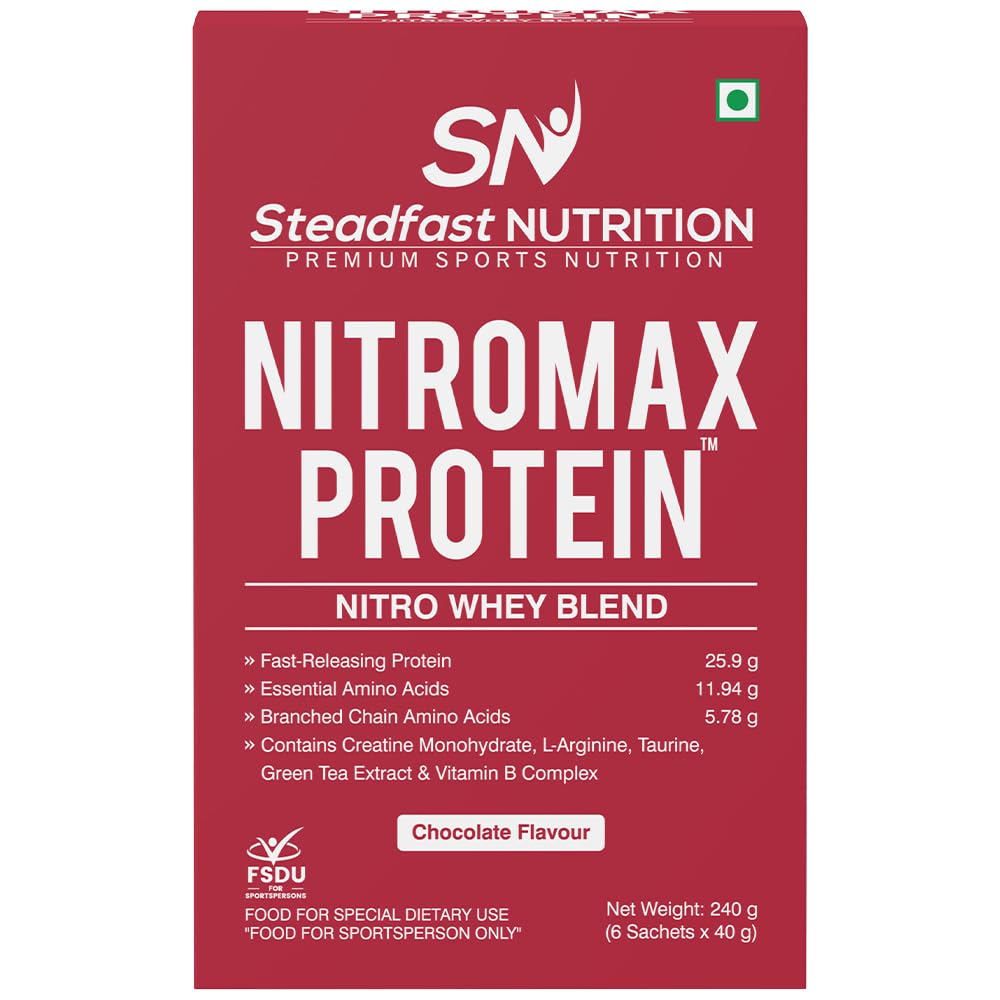 Steadfast Nutrition Nitromax Protein |25.9g Fast Releasing Protein, 11.94g EAA, 5.78g BCAA per sachet | Increases Muscle pump, strength, Lean Muscle (6 Sachets, Chocolate)