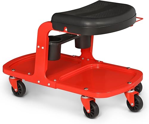 Magshion Taburete mecánico de garaje con bandeja de herramientasestante y soporte para latas, asiento de rodillo de taller duradero con ruedas