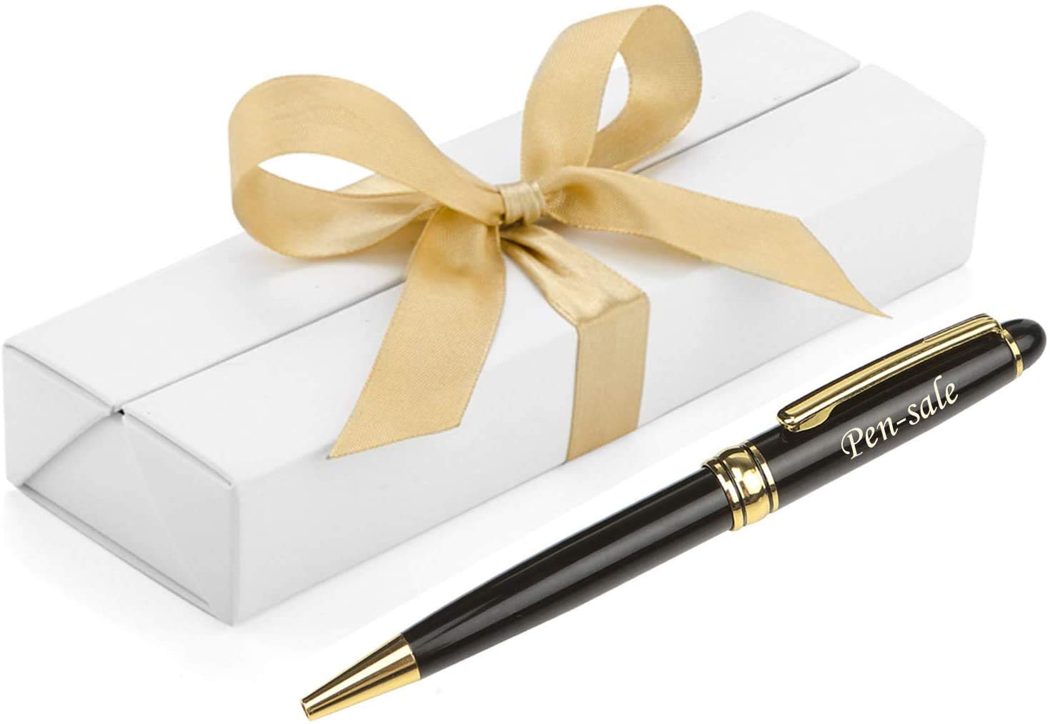 Paul Clover Personalised Engraved Ballpoint Pen in a Classy White Gift Box with a Gold Ribbon in a Gift Bag, Black Ink - Gifts for Christmas - Enter Your Custom Engraving (Black Gold Trim) â image 1
