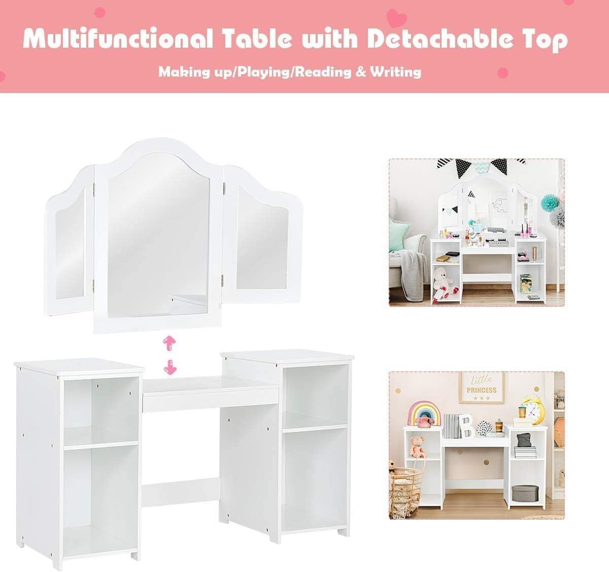 GLACER Kids Vanity, 2-in-1 Detachable Girls Vanity Set with Tri-Folding Mirror, Pretend Play Makeup Dressing Table with 4 Storage Shelves, Wooden Toddler Vanity Set for Girls (White)