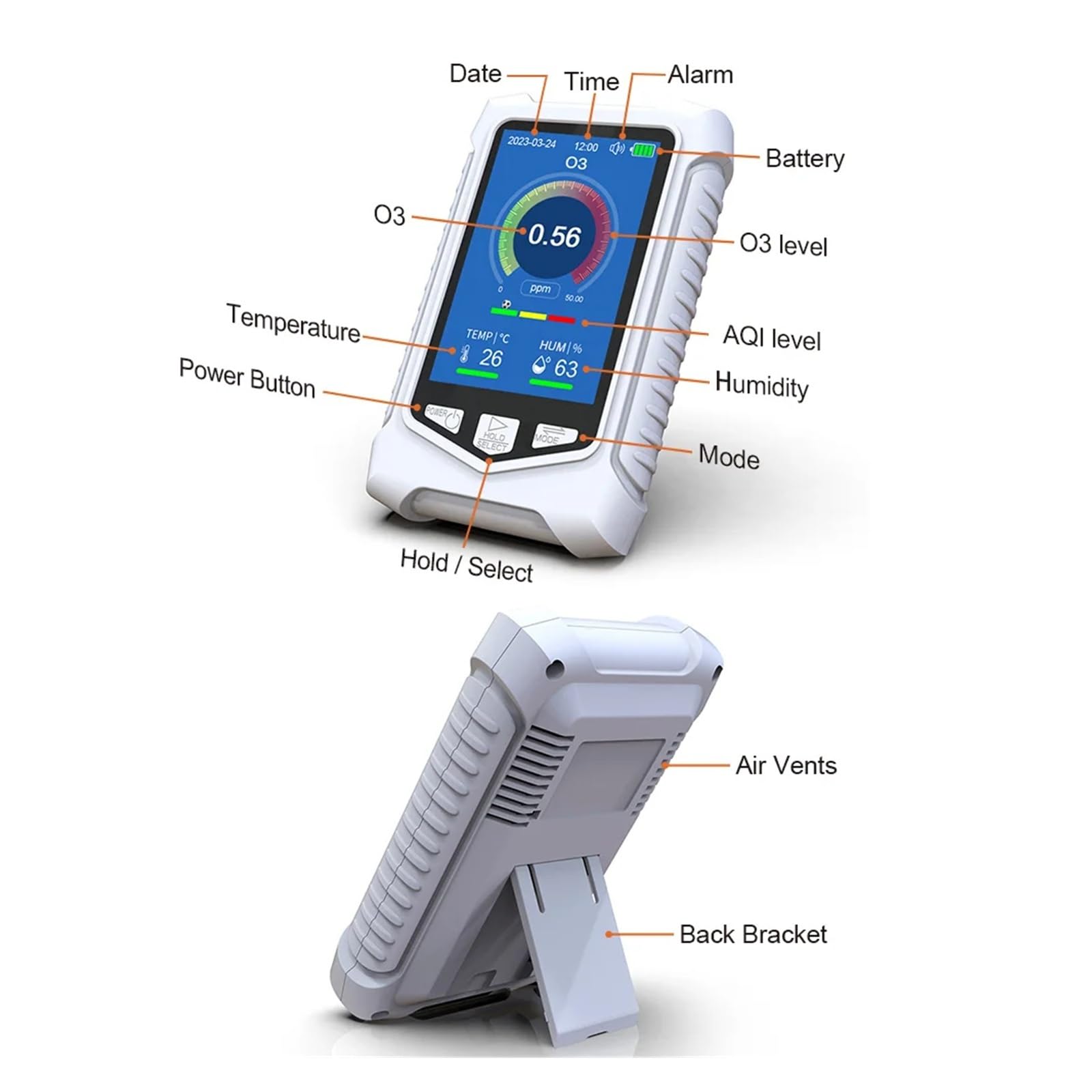 Moniteur de qualité de l'air Portable avec détecteur de gaz O3, de température et d'humidité, écran LCD et alarmes visuelles et sonores. Intérieur/Extérieur