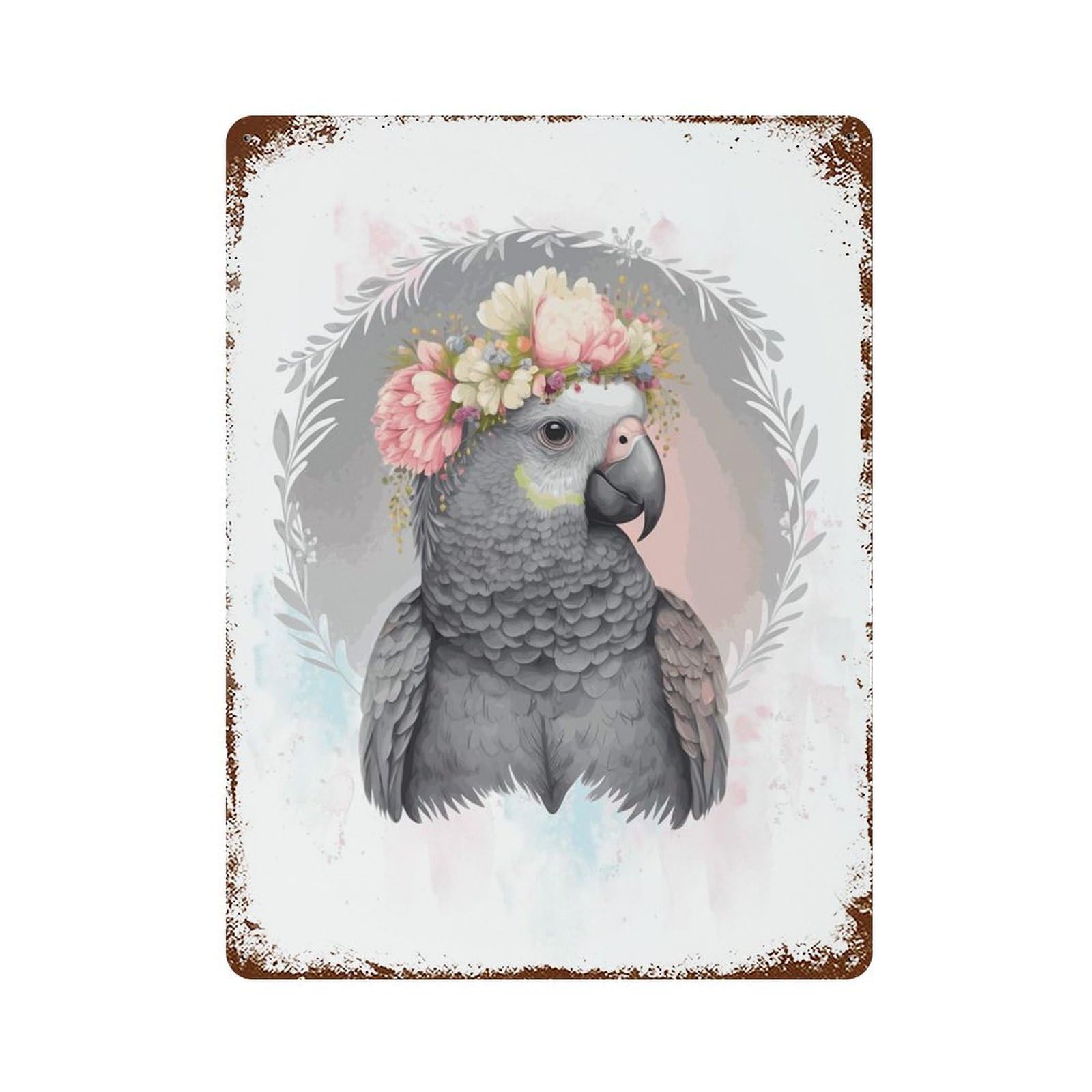Floral African Grey Parrot Decorative Tin Sign 15.7"x11.8", Shabby Chic Decor for Garage, Pub Or Kitchen