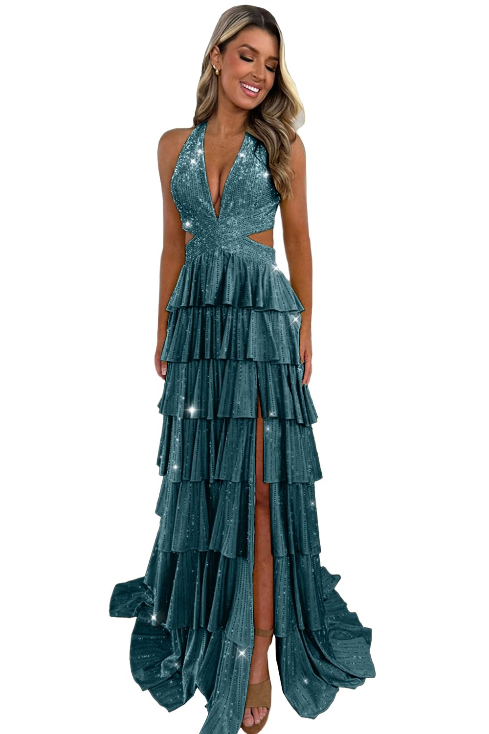 Halter Tiered Ruffle Prom Dresses for Women 2026 Strapless Glitter Sequins Satin Long Evening Party Gowns with Slit
