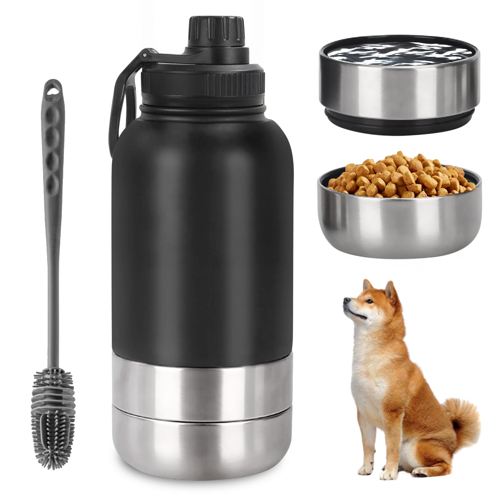 Borraccia per cani da viaggio, 950 ml, per cani, in viaggio, per cani, in acciaio inox, isolata, con ciotola per acqua e ciotola, accessorio per cani per passeggiate, senza BPA