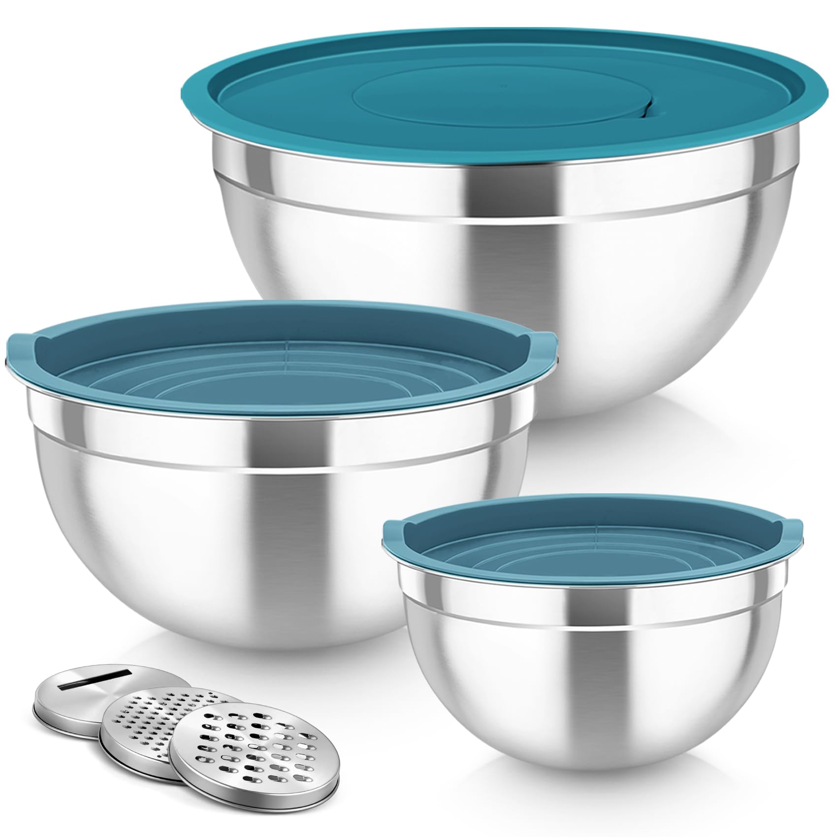 TeamFarMixing Bowls, Stainless Steel Nesting Salad Bowls with Lids Set of 3 & 3 Grater Attachments, For Mixing/Serving/Storing, Non-toxic & Long-lasting, Size 4.6/3 / 1.5 QT, Navy Blue