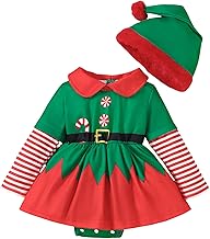 TAGVO Toddler Baby Christmas Elf Costume, Baby Girls Christmas Dress with Hat Infant Toddler Xmas Fancy Dress Up Party Outfit Set Bodysuit Skirt Santa Baby Outfit for Baby Girls 0-18 Month
