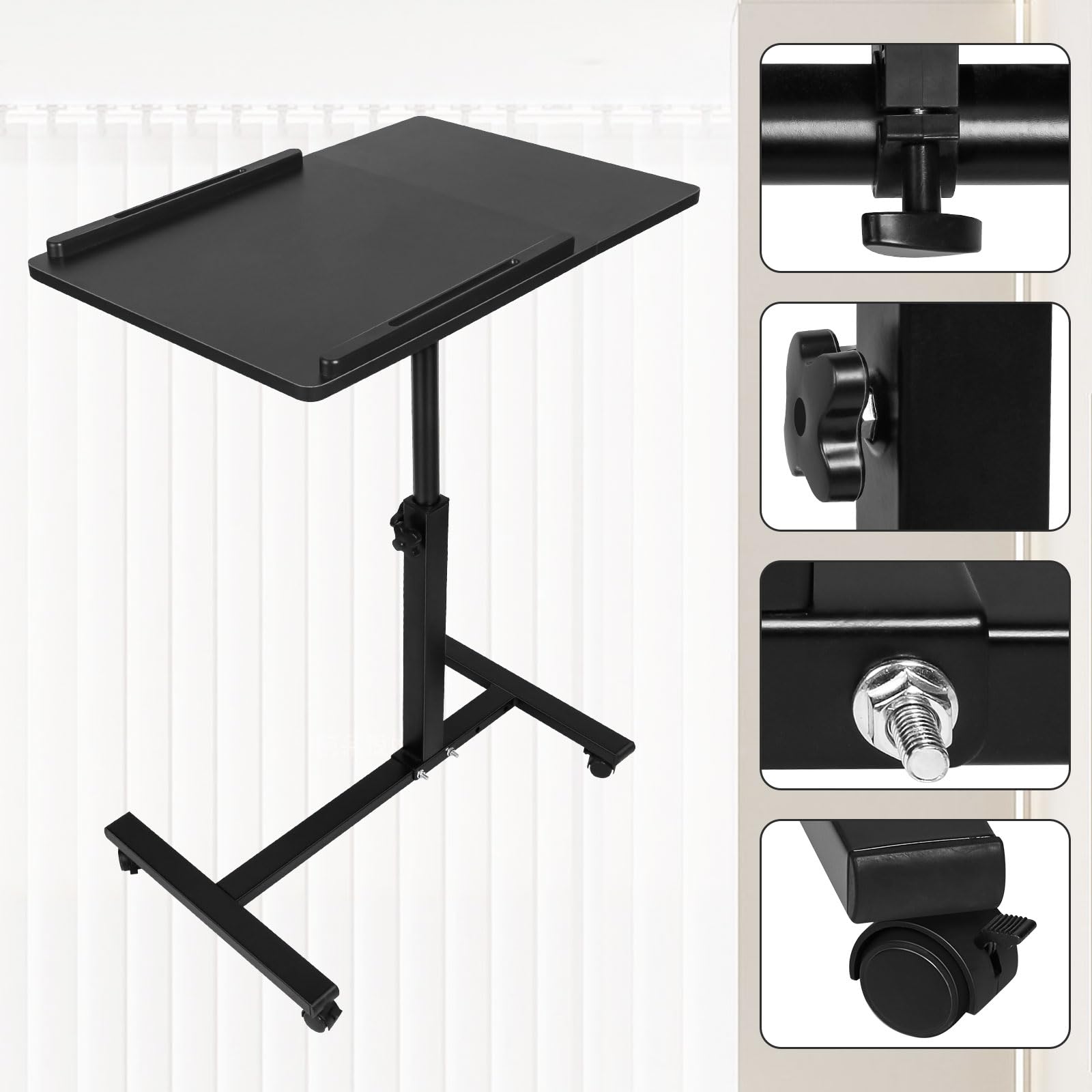 LANTUS Mesa auxiliar ajustable en altura con ruedas, para comer en la cama del sofá, para discapacitados, bandeja de comedor cama médica, tableta médica ajustable, 70 x 44 x 95 cm, color negro