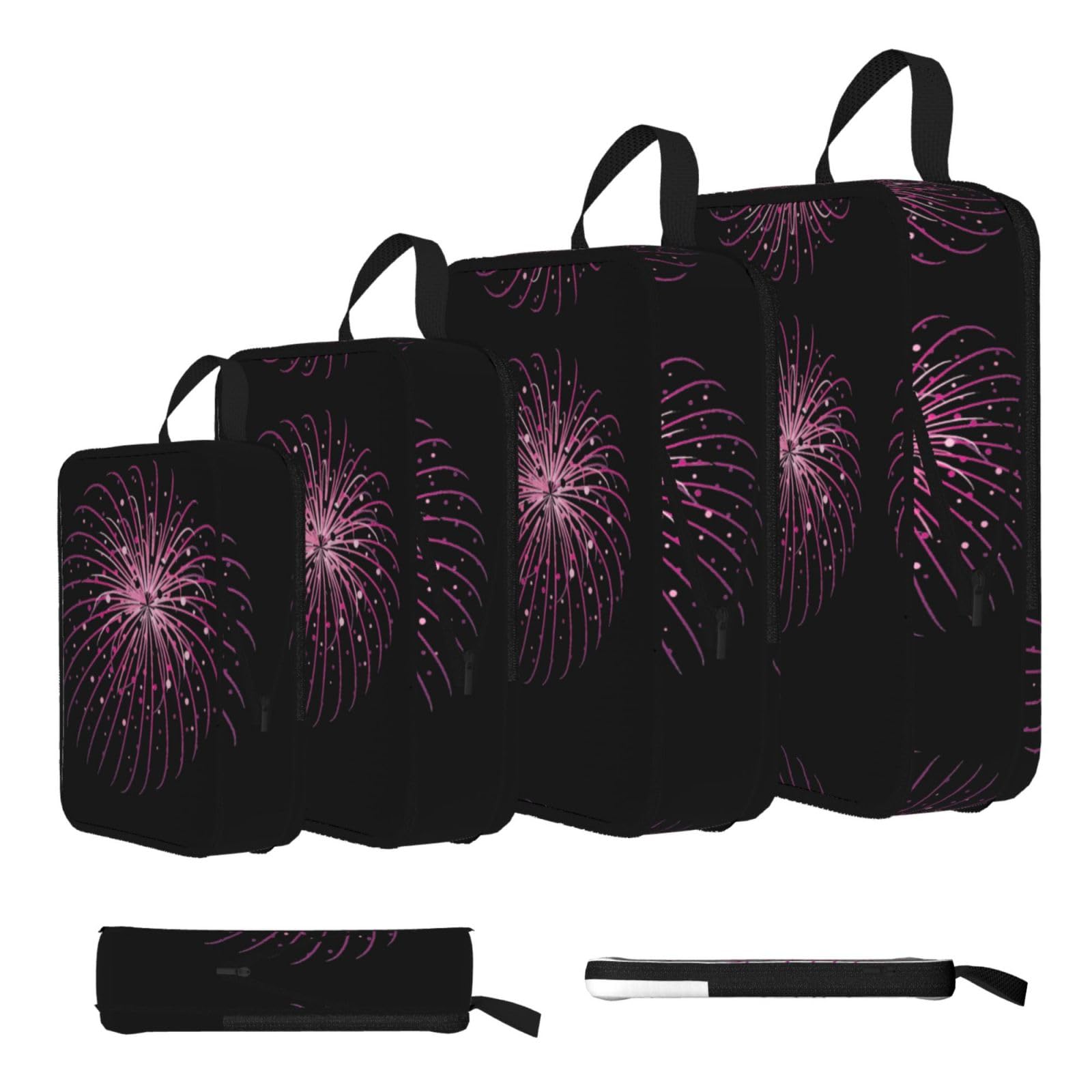 Fireworks Print Compression Packing Cubes 4-Piece Set With Multi- Compartment Travel Bag, Waterproof Suitcase Organiser Bags