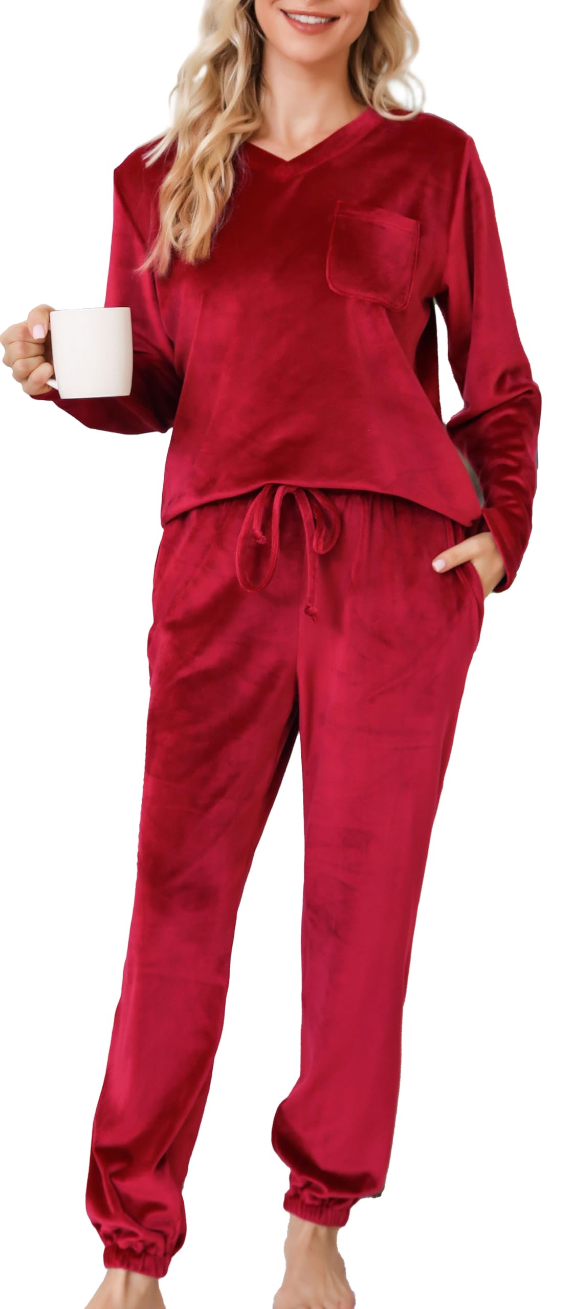 Lovasy Pyjama Polaire Femme Ensemble de Pyjama Hiver Chaud et Moelleux avec Poches Vêtements de Nuit à Manches Longue