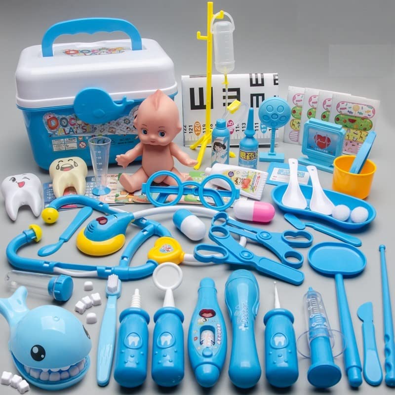 B&K 53 Pcs Medical Toy Kids Doctor Pretend Play Kit, Pretend to Play Set with Stethoscope for Kids Doctor Role Play Costume Dress-Up, Birthday Gifts(53 PCS BLUE)