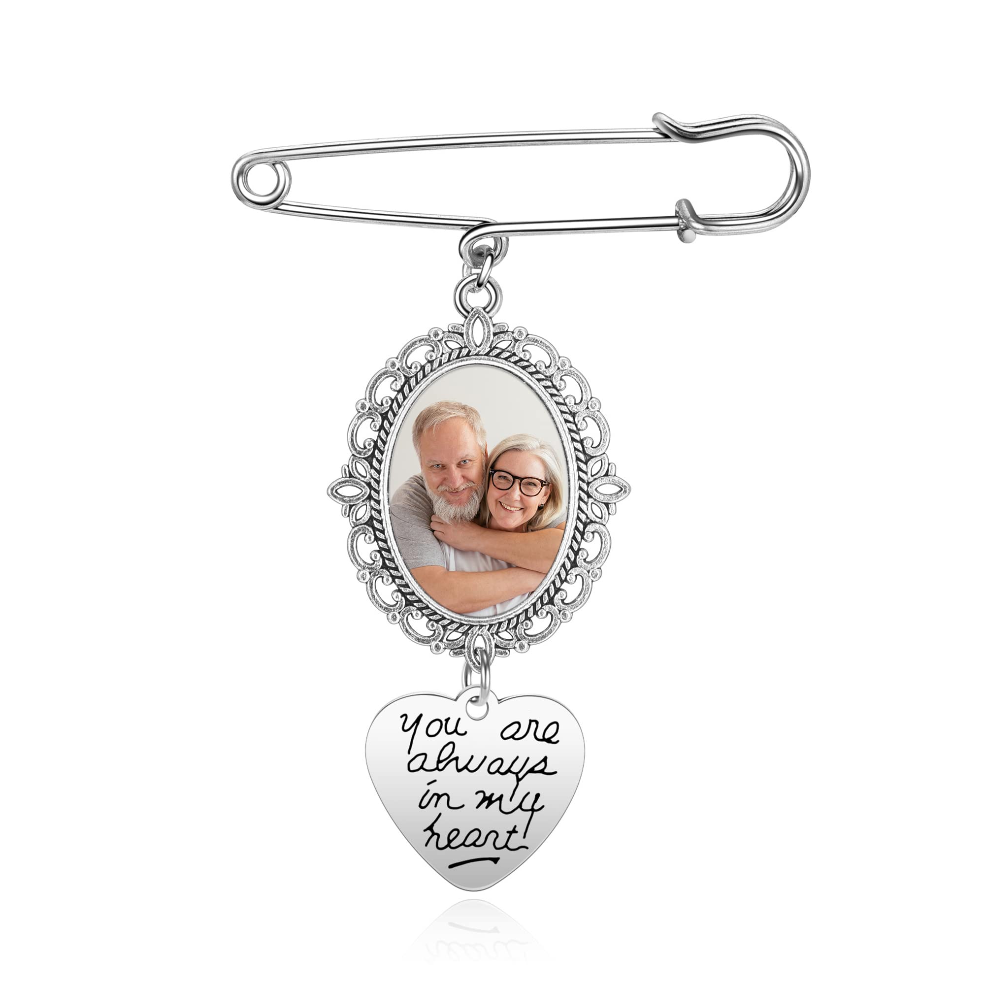JSDDE Personalised Wedding Photo Charm Pin Brooch Oval Single Lacy Frame Photo Printed Memorial Bouquet Photo Charms You are Always in My Heart Bouquet Charms