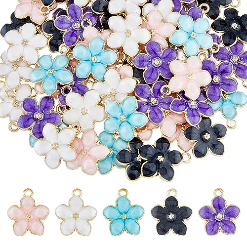 DICOSMETIC 150Pcs 5 Colors Enamel Flower Pendants Cherry Blossom Pendants Floral Theme Charms Gold Plated Flower Charms Blossom Dangle Charm Alloy Pendants for Jewelry Making