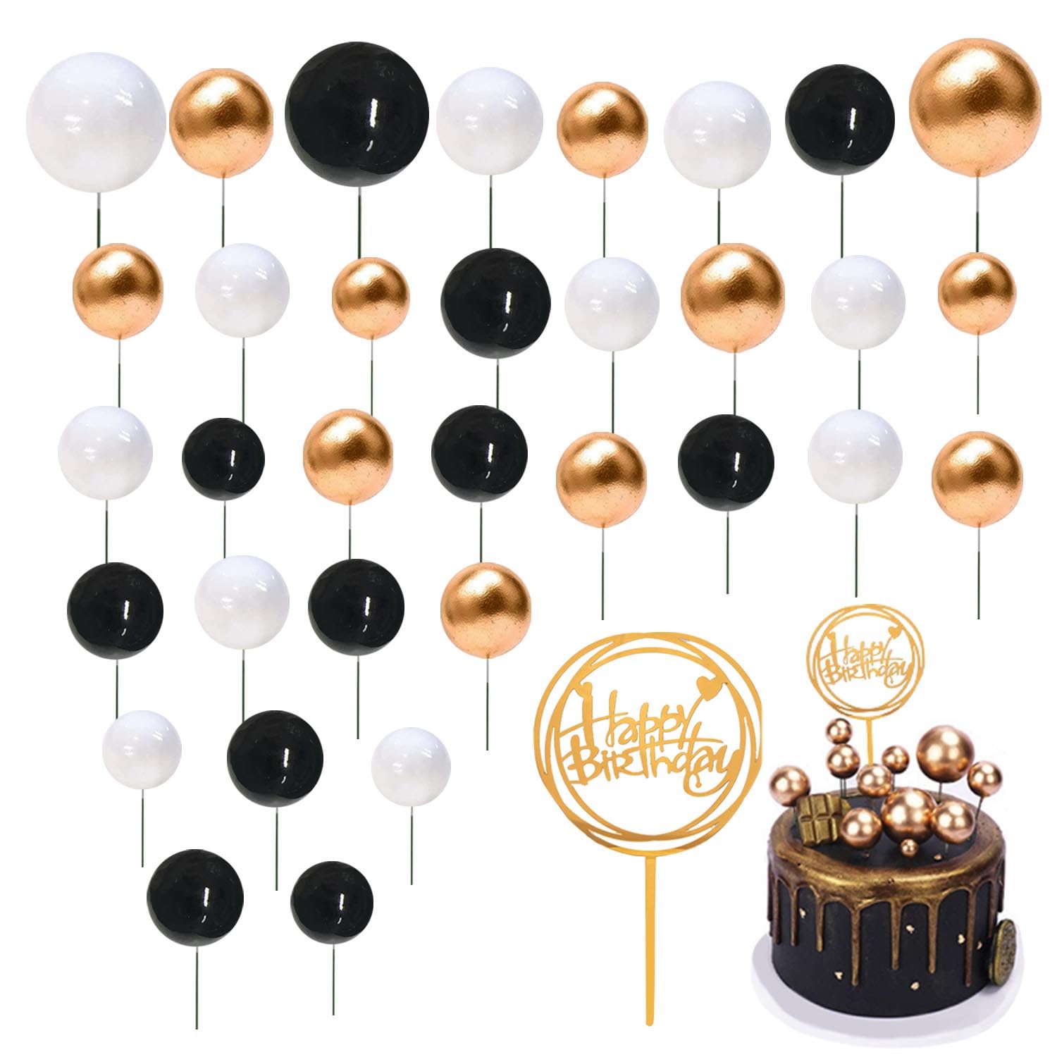 GWAWG 33 PCS Ball Cake Toppers Mini Balloon Topper Sticks Cake Cupcake Balls Decoration with a Birthday Toppers Gold Black White for Wedding Graduation Party