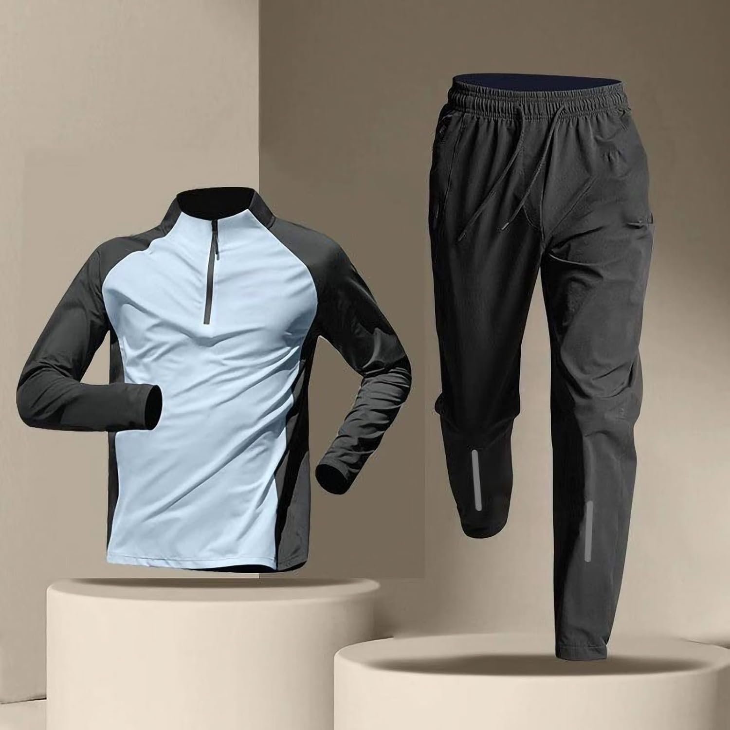 Men Casual Tracksuit Long Sleeve Sweatsuit Fitness Set Zip Up Running Jogging Sports Quick Dry Tops Pants Outfits