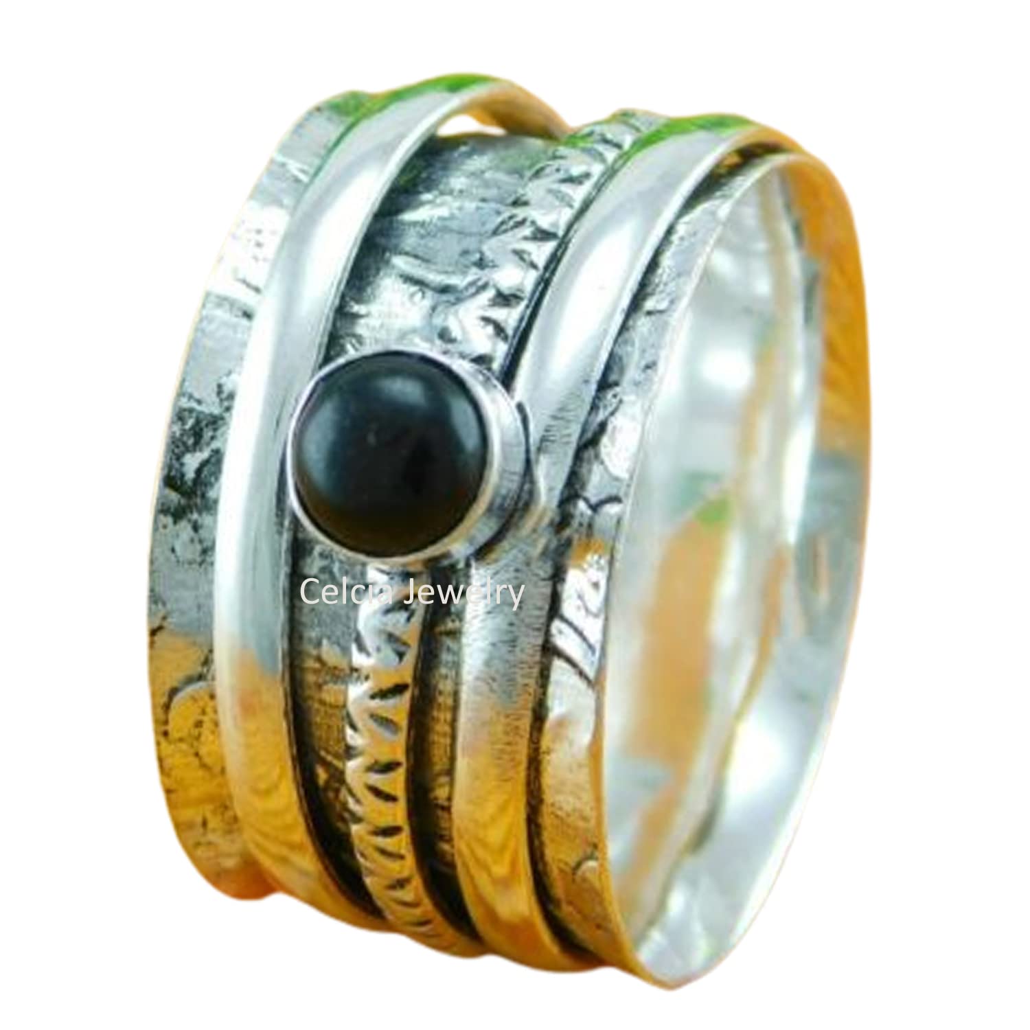 Anillo giratorio de plata de ley 925 con piedra preciosa de ónix negro para meditación, compromiso, regalo para ella y él