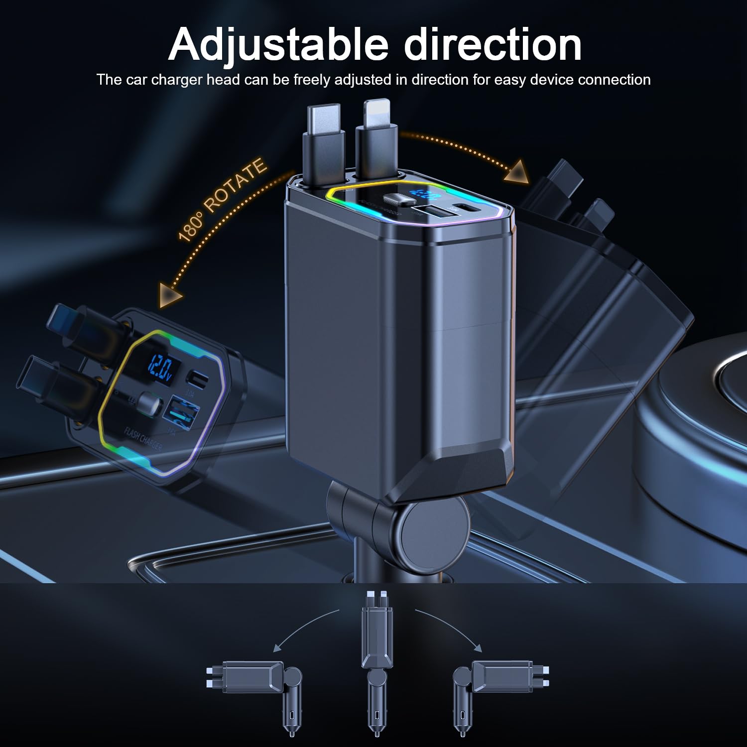 107W 4 in 1 Retrattile Caricatore Auto, Caricabatterie Telefono Auto Veloce, Ricarica Rapida PD 65 W, Adattatore Caricabatterie Auto per iPhone 16/15/14/13/12/11, Galaxy, Pixel, notebook USB-C