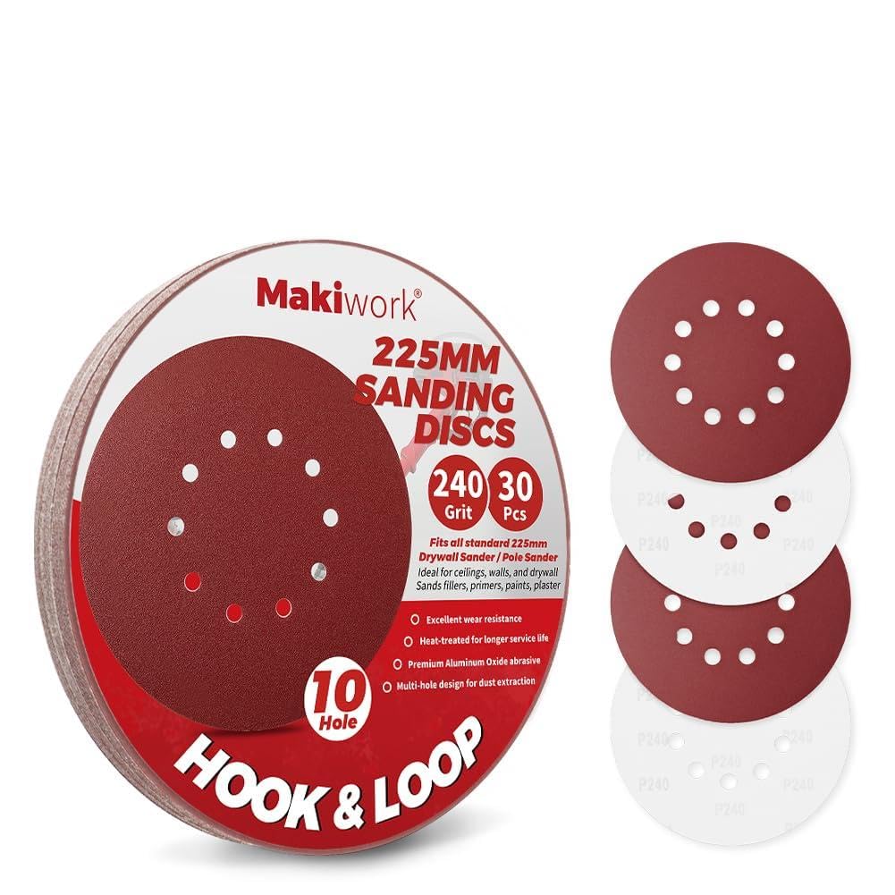 Makiwork 30PCS 225mm 10-Hole 240 Grit Hook & Loop Sanding Discs – Heavy-Duty Aluminum Oxide Sandpaper for Drywall Sander, Paint Removal, Wood & Metal Surface Prep
