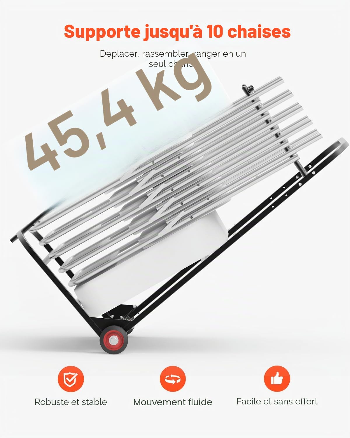 VEVOR Chariot de Chaise Pliante, Capacité de Charge 45 kg, Support Robuste pour Suspendre 10 Chaises, Organiseur de Rangement Multifonction Métal à Pousser avec Roues, pour Salle à Manger, Noir Mat