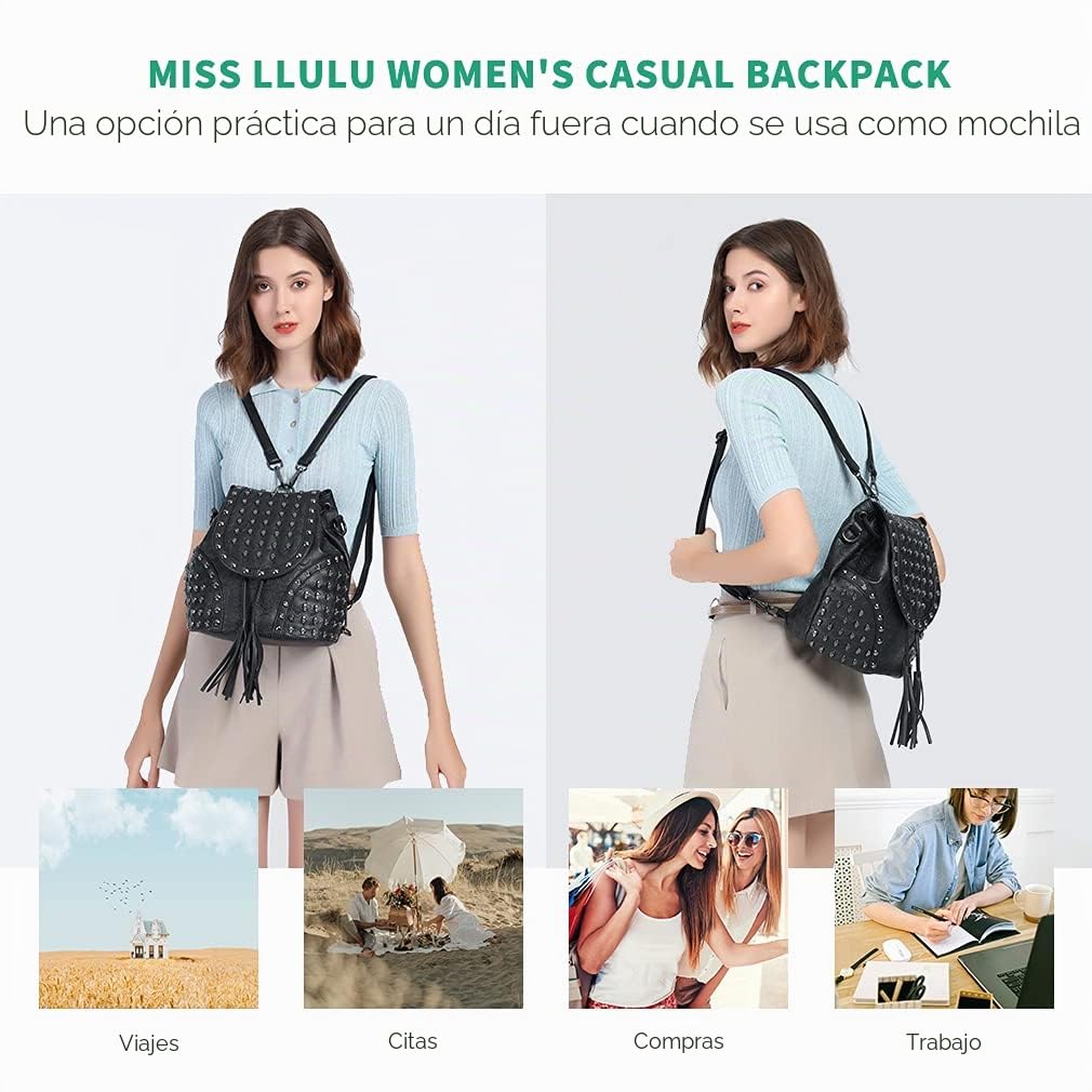 Miss Lulu Mochila Antirrobo para Mujeres, Bolsos Mochila para Mujer con Decoración de Clavos Calavera - Ideal para Festival, Noche en la Ciudad y Estilo Urbano