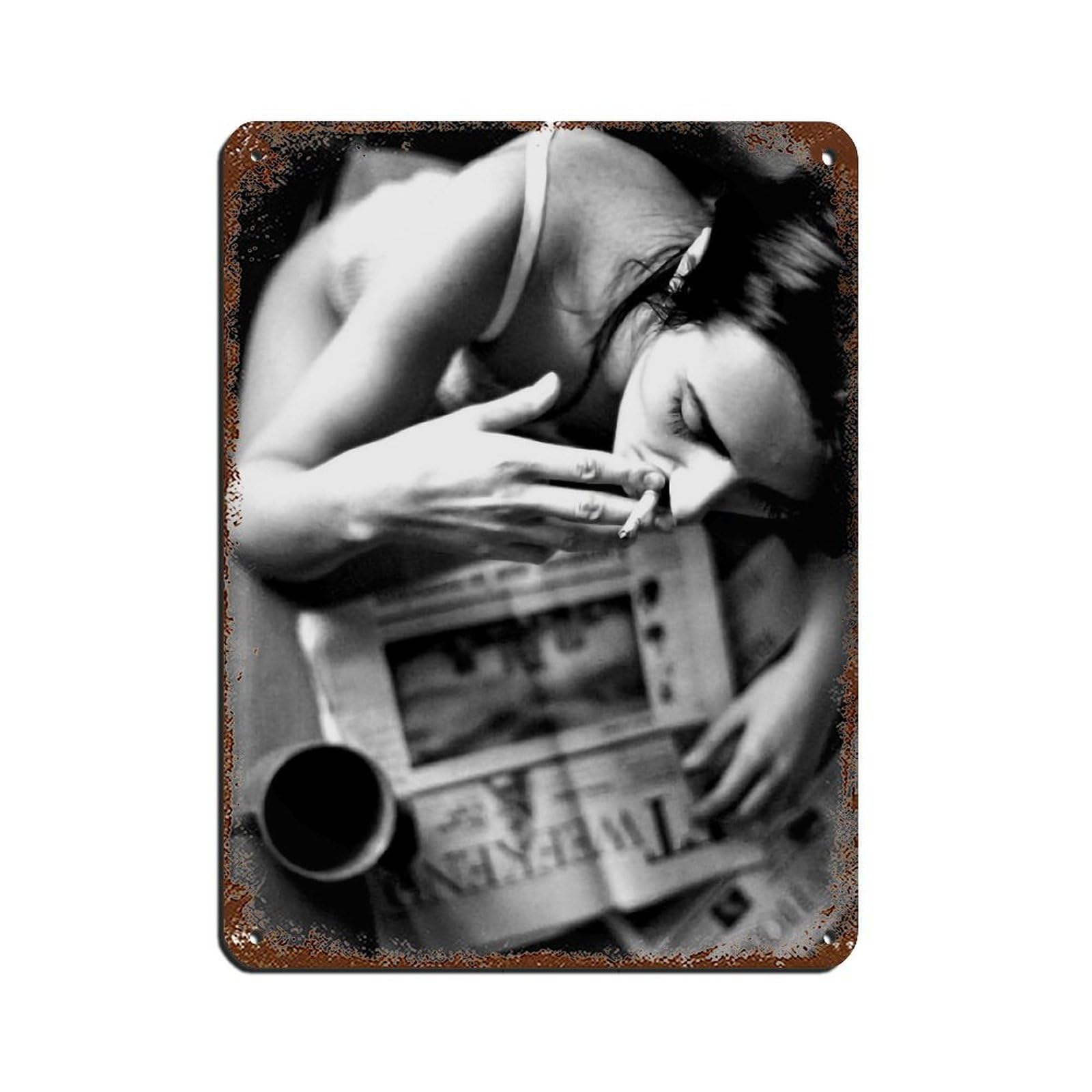 Woman Smoking & Reading Newspaper Retro Poster Metal Tin Sign Chic Art Retro Iron Painting Bar People Cave Cafe Family Garage Poster Wall Decoration 12x16inch(30x40cm)