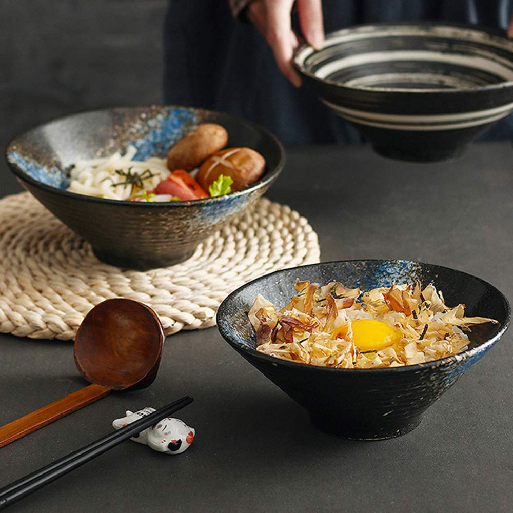 Genérico Juego de 2 tazones para Fideos, Cuencos japoneses de cerámica para Servir con Cuchara y Palillos a Juego, tazones para Ramen de 7, 8 y 9 Pulgadas para Sopa, Fideos, pho, Udon y Cereales.